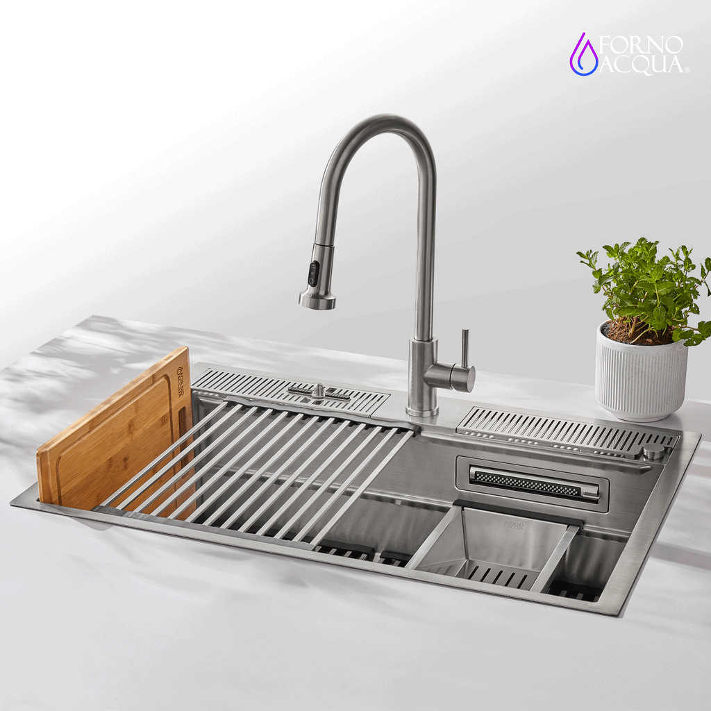 FORNO ACQUA 33 in. Drop-In/Undermount 3-Level Workstation Sink with Faucet, Waterfall & Glass Rinser