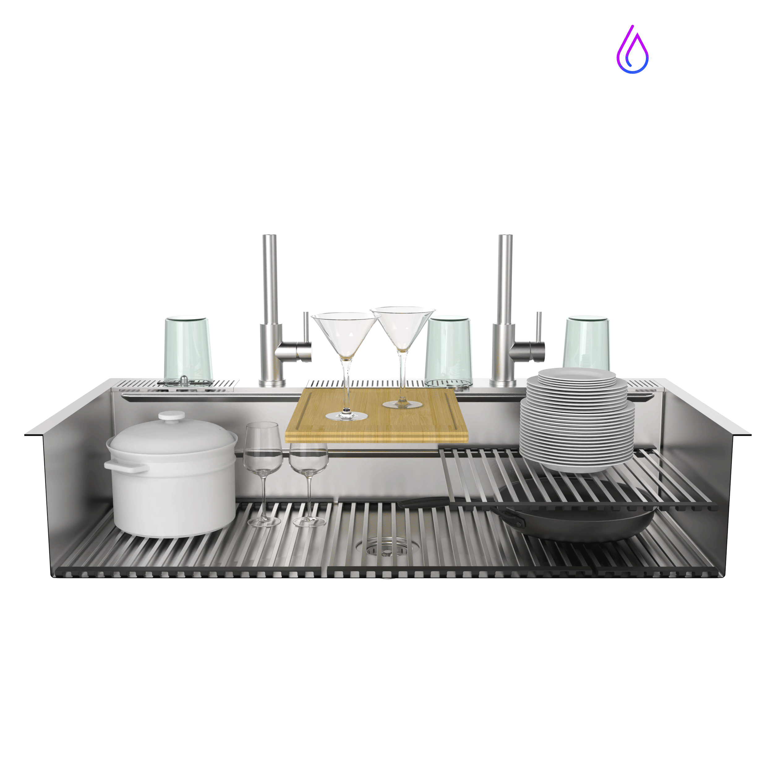FORNO ACQUA 45 in. Drop-In/Undermount 3-Level Workstation Sink with Two Faucets & Glass Rinser