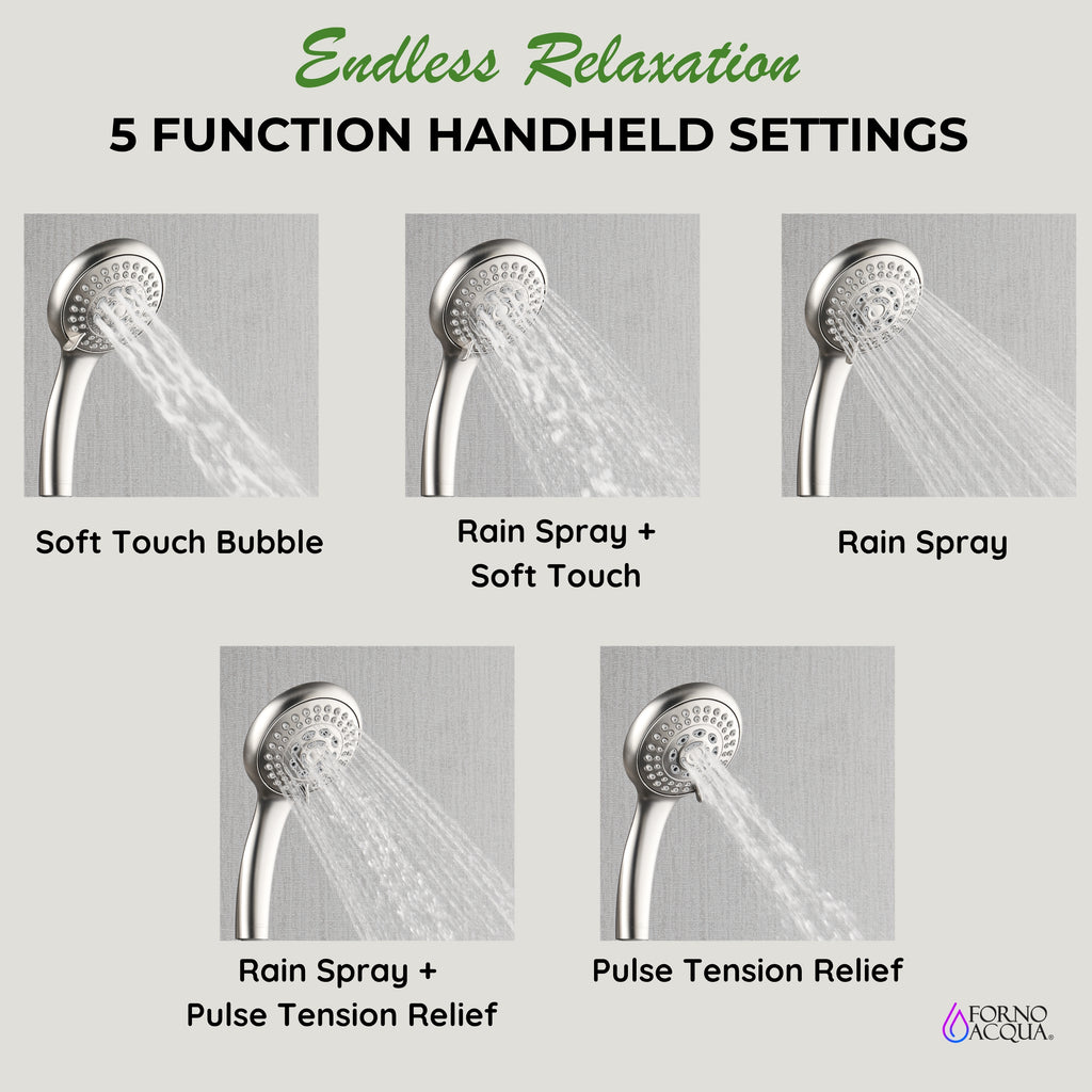 Forno Acqua AcquaFALL Shower, Brushed Nickel Finish, Overhead Rainfall Shower, 7 Way Diverter, Handheld Shower Head, Body Jets, 2.5 GPM Flow Rate