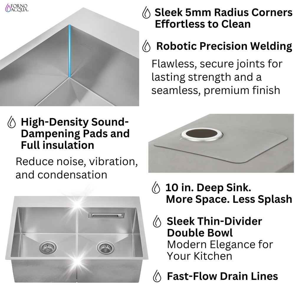 FORNO ACQUA 33 in. Drop-In/Undermount 50/50 Double Bowl Stainless Steel Sink with Faucet & Waterfall