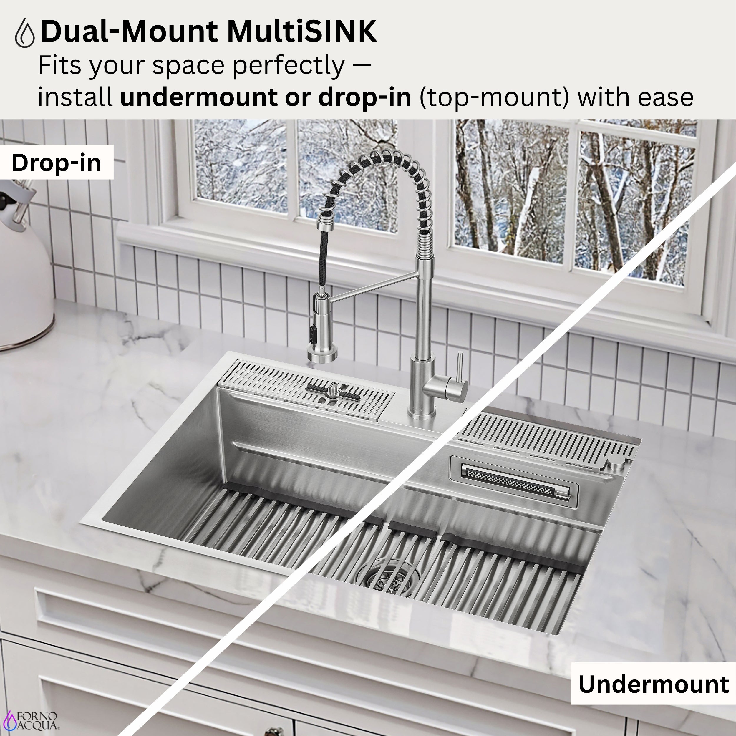 FORNO ACQUA 33 in. Drop-In/Undermount 40/60 Double Bowl Stainless Steel Sink with Waterfall Faucet