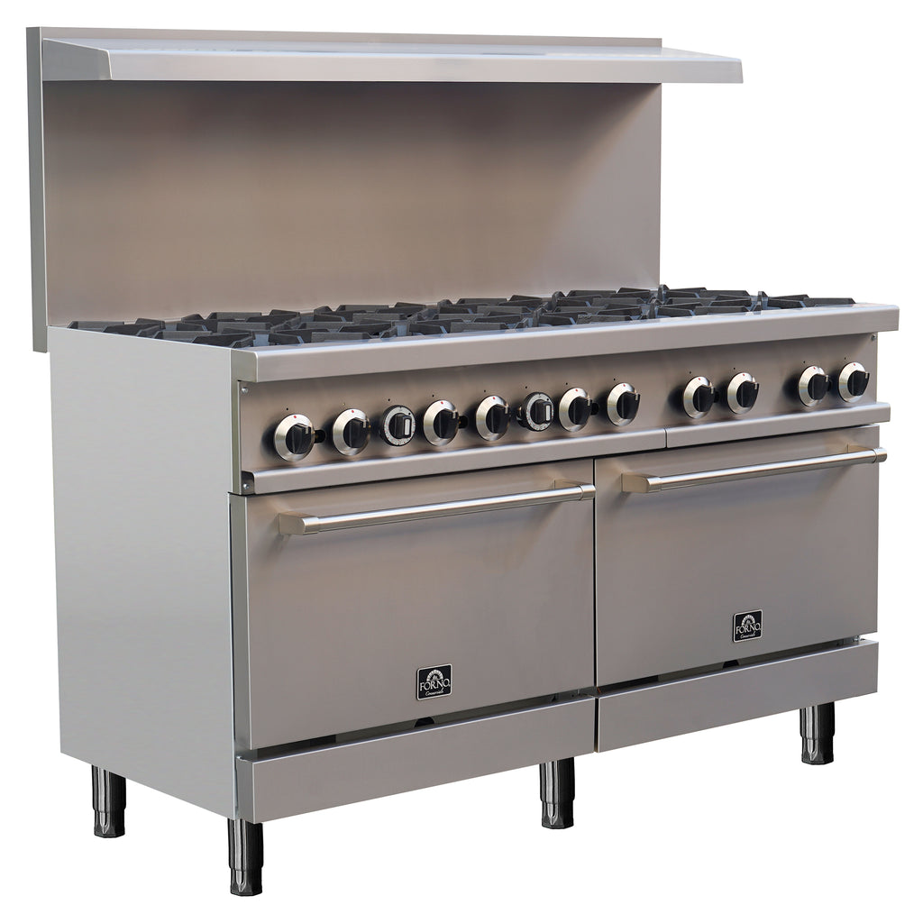 Forno Commerciale 60 Inch Stainless Steel Gas Range, 10 Burners 300,000 BTU Total, 9.3 cu.ft. Ovens