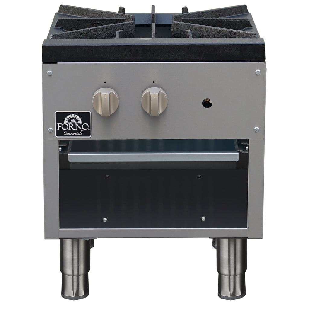 Forno Commerciale gas stock pot range, 1 powerful 3-ring burner, 80,000 BTU, durable stainless steel, heavy-duty cast iron grate