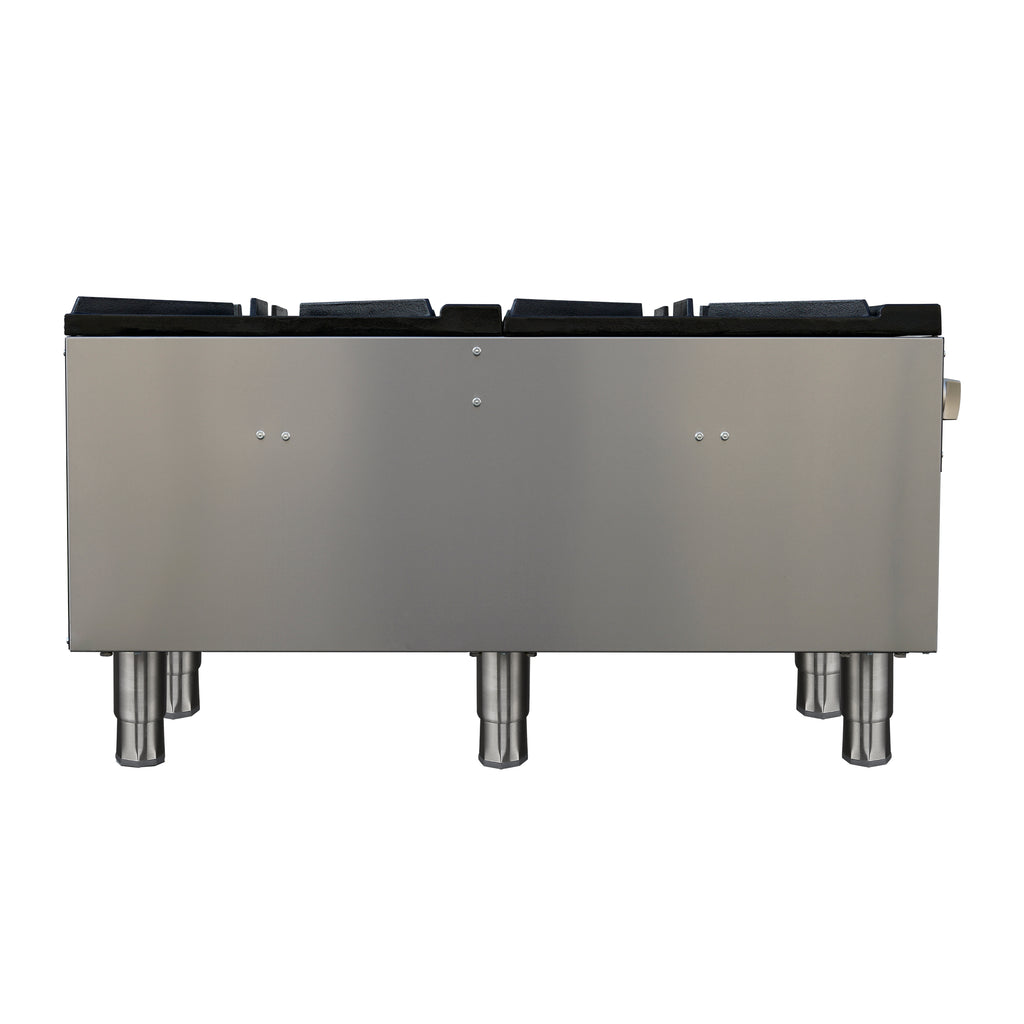 Forno Commerciale gas stock pot range, 2 powerful 3-ring burners, 160,000 BTU, durable stainless steel, heavy-duty cast iron grates