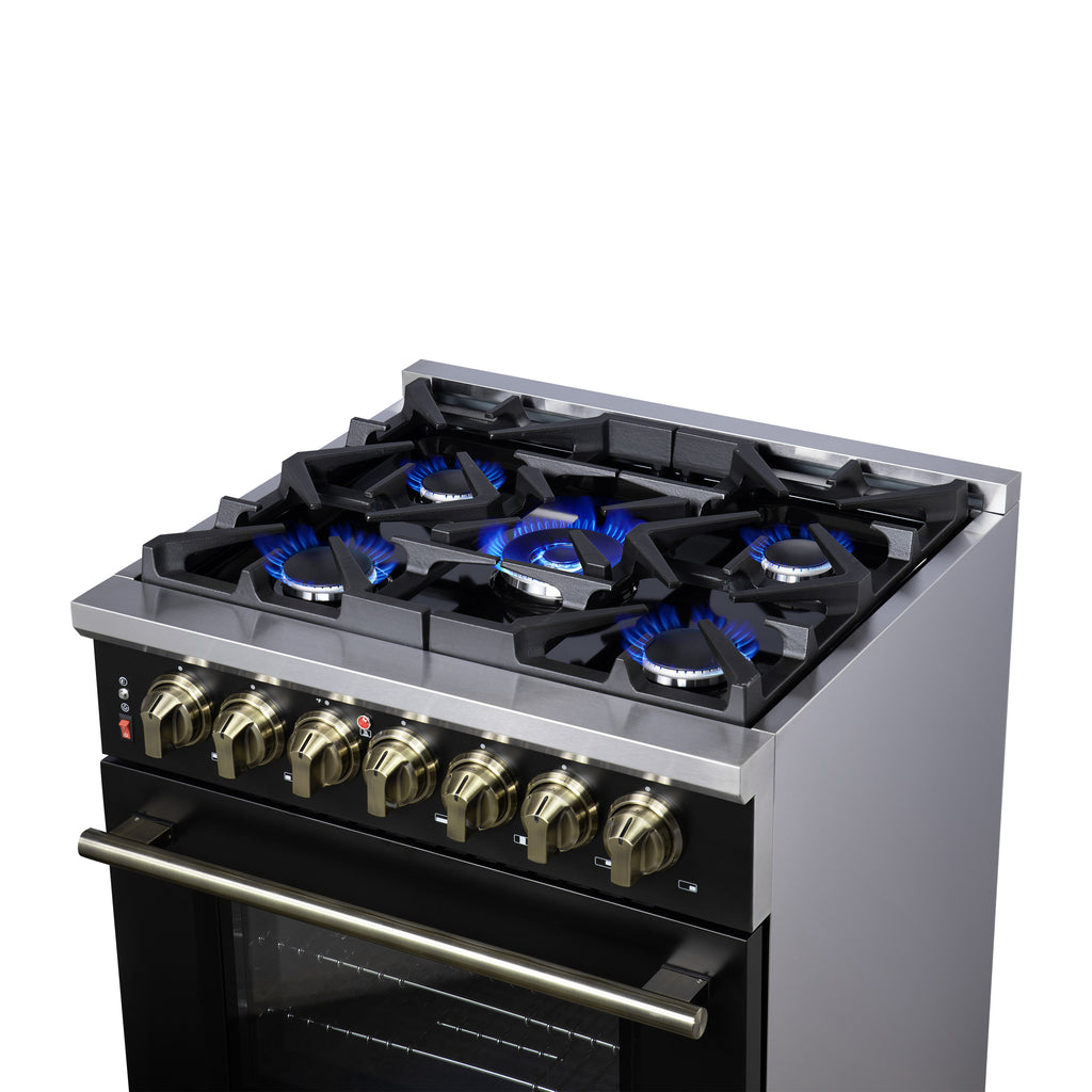 Forno Massimo 30-Inch Freestanding Dual Fuel Range in Black with Antique Brass Accessories, 4 Burners, 4.32 cu. ft. Convection Oven