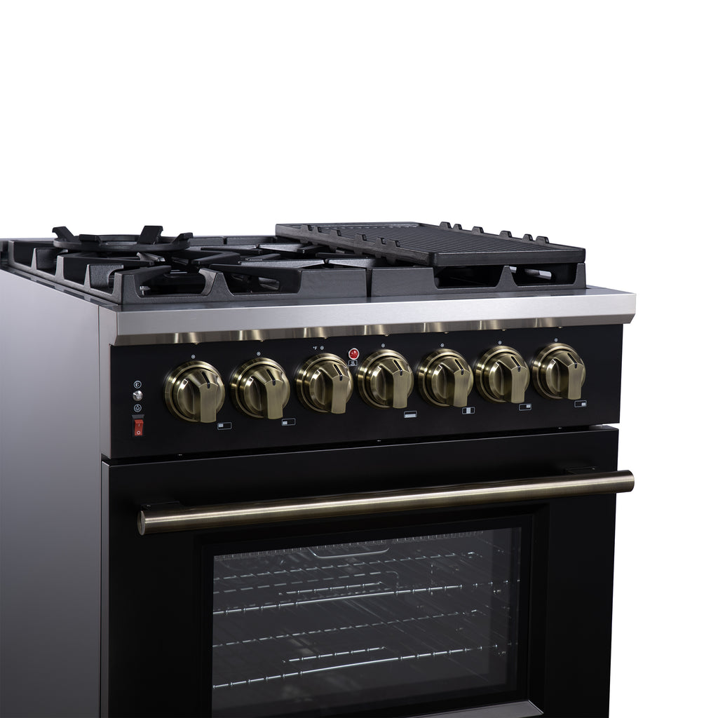 Forno Massimo 30-Inch Freestanding Dual Fuel Range in Black with Antique Brass Accessories, 4 Burners, 4.32 cu. ft. Convection Oven