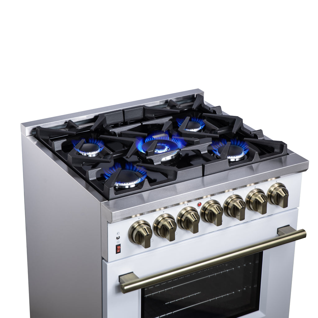 Forno Massimo 30-Inch Freestanding Dual Fuel Range in White with Antique Brass Accessories, 4 Burners, 4.32 cu. ft. Convection Oven