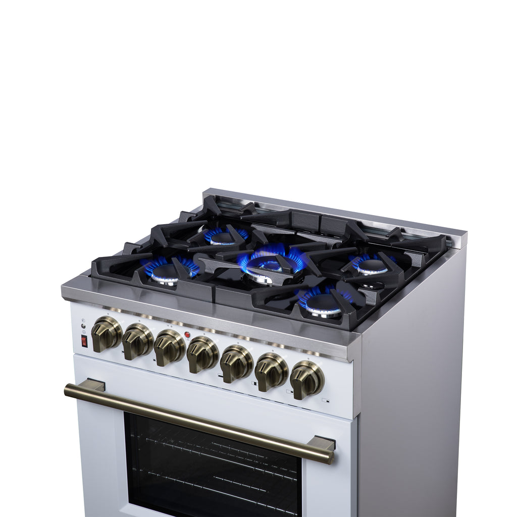 Forno Massimo 30-Inch Freestanding Dual Fuel Range in White with Antique Brass Accessories, 4 Burners, 4.32 cu. ft. Convection Oven