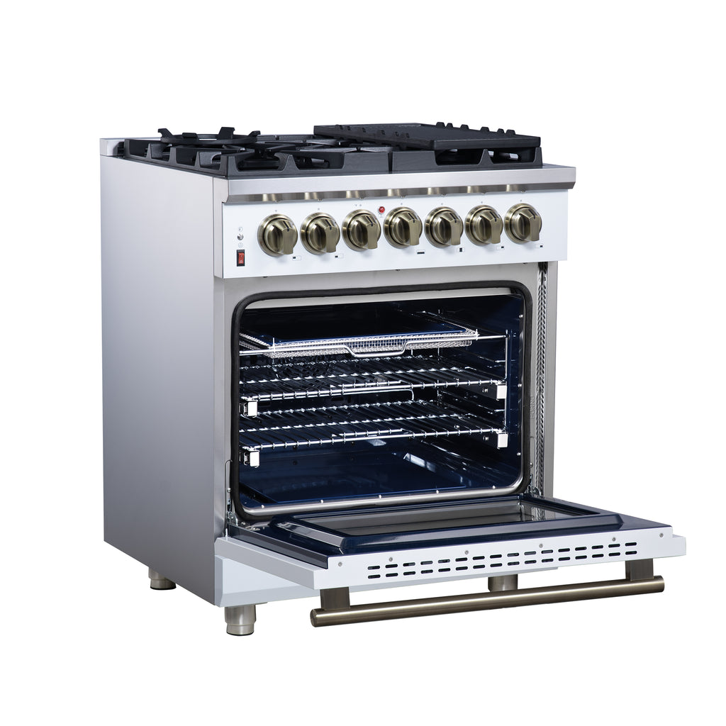 Forno Massimo 30-Inch Freestanding Dual Fuel Range in White with Antique Brass Accessories, 4 Burners, 4.32 cu. ft. Convection Oven