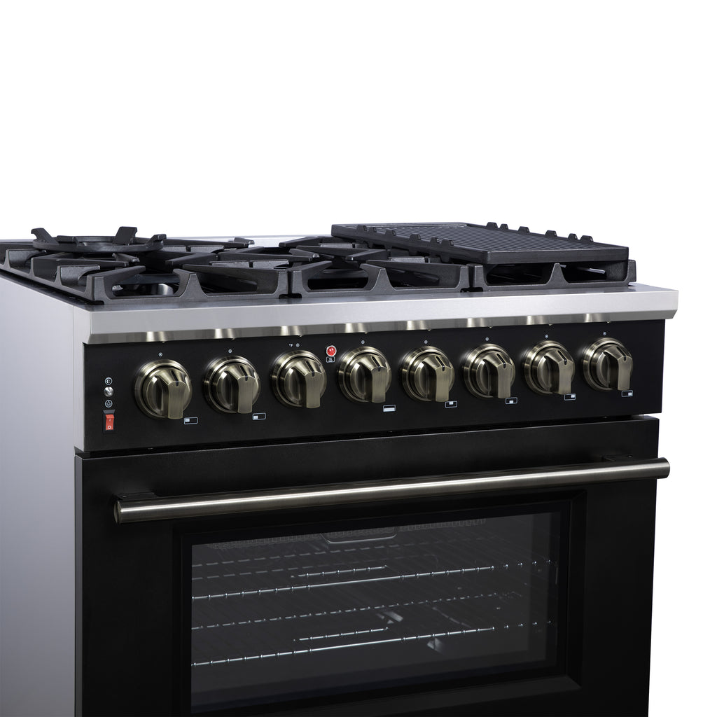 Forno Massimo 36 Inch Freestanding Dual Fuel Range in Black with Antique Brass Accessories, 6 Burners, 5.36 cu. ft. Convection Oven