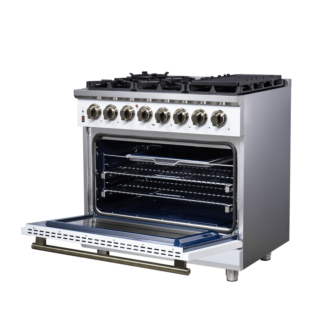 Forno Massimo 36 Inch Freestanding Dual Fuel Range in White with Antique Brass Accessories, 6 Burners, 5.36 cu. ft. Convection Oven