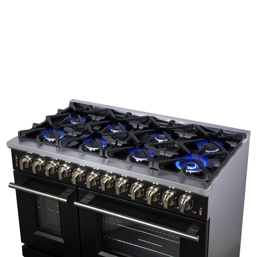 Forno Massimo 48 Inch Freestanding Dual Fuel Range in Black with Antique Brass Accessories, 8 Burners, 6.58 cu. ft. Convection Oven