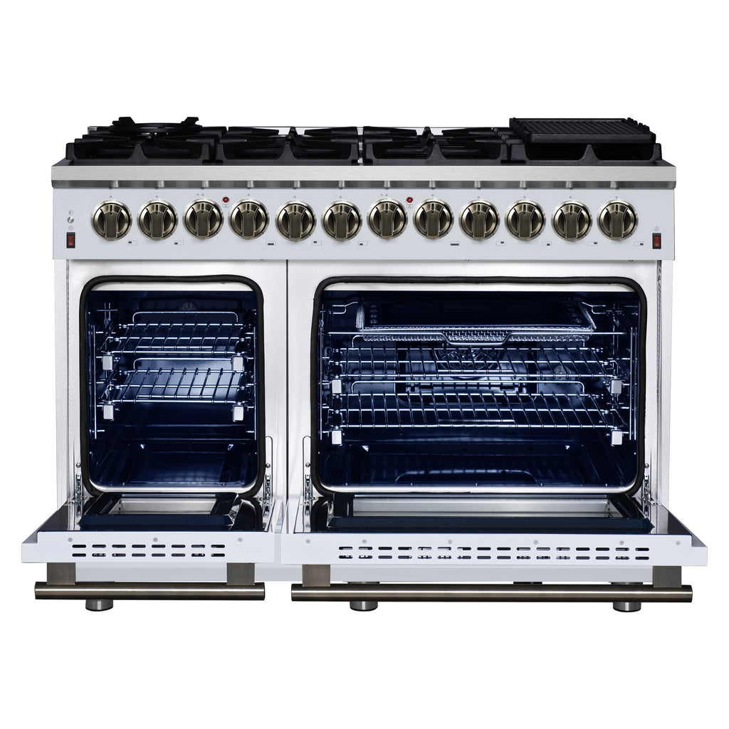 Forno Massimo 48 Inch Freestanding Dual Fuel Range in White with Antique Brass Accessories, 8 Burners, 6.58 cu. ft. Convection Oven