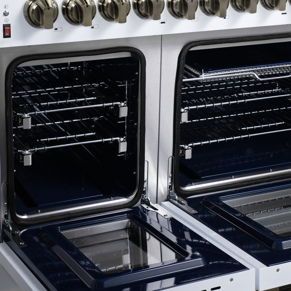 Forno Massimo 48 Inch Freestanding Dual Fuel Range in White with Antique Brass Accessories, 8 Burners, 6.58 cu. ft. Convection Oven
