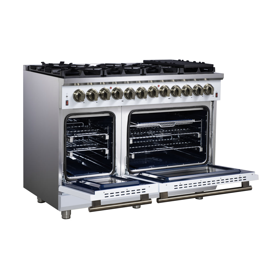Forno Massimo 48 Inch Freestanding Dual Fuel Range in White with Antique Brass Accessories, 8 Burners, 6.58 cu. ft. Convection Oven