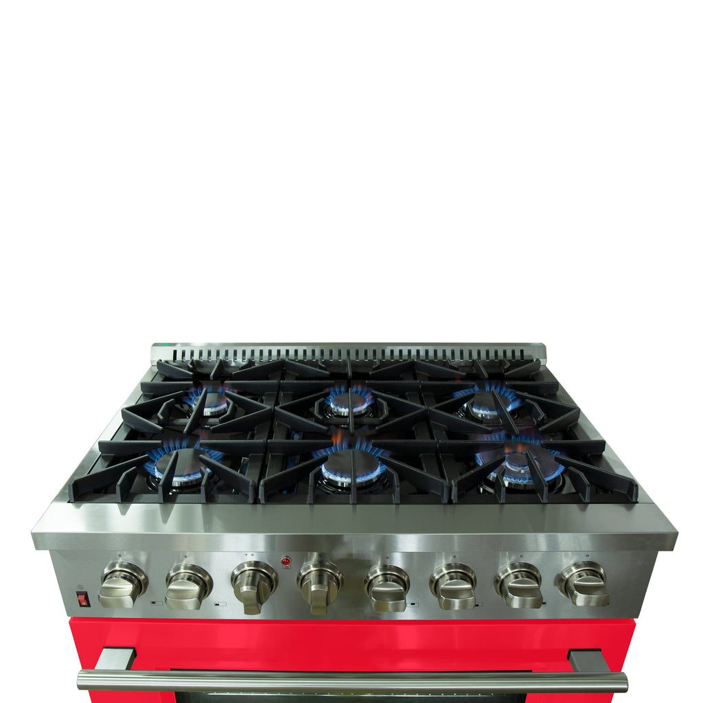Forno Galiano 36-Inch Freestanding Dual Fuel Range, 6 Burners, Double Convection Ovens, Red Door