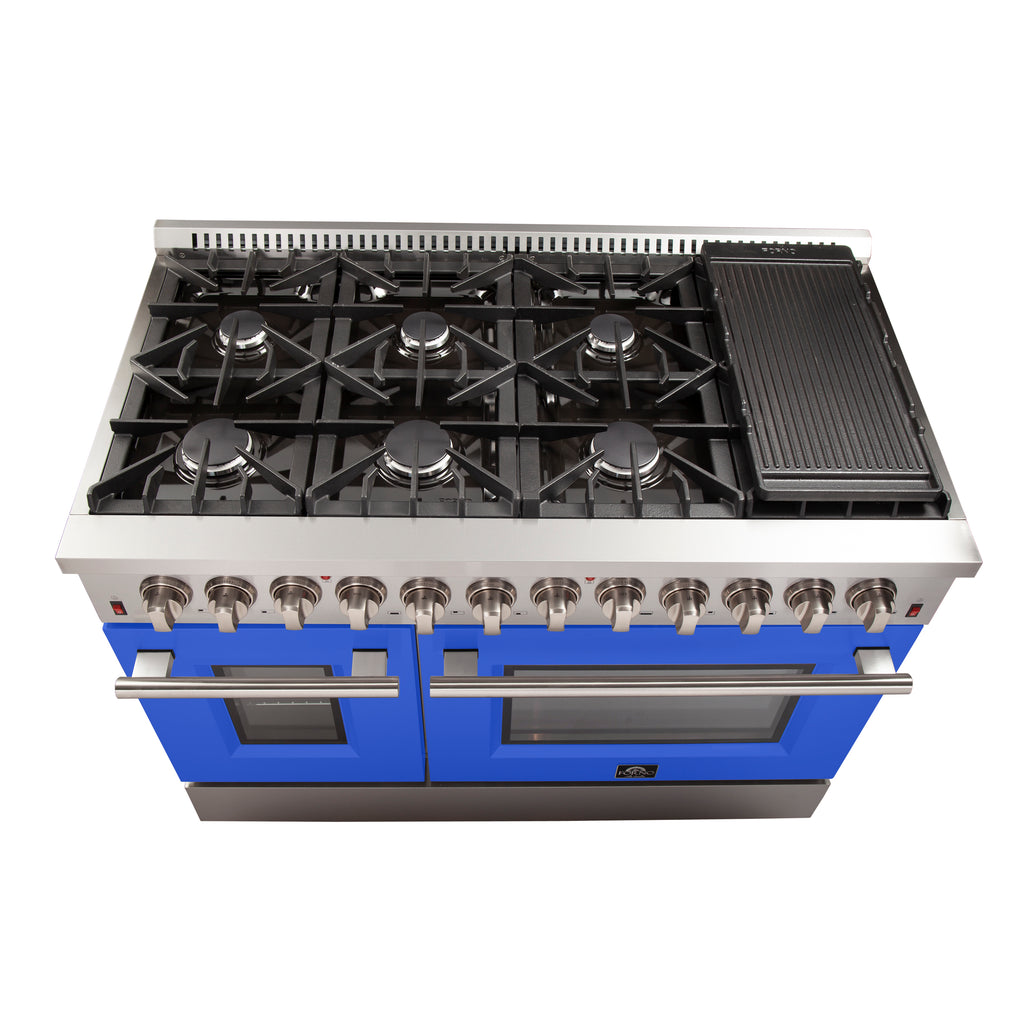 Forno Galiano 48-Inch Freestanding Dual Fuel Range, 8 Burners, Double Convection Ovens, Blue Doors