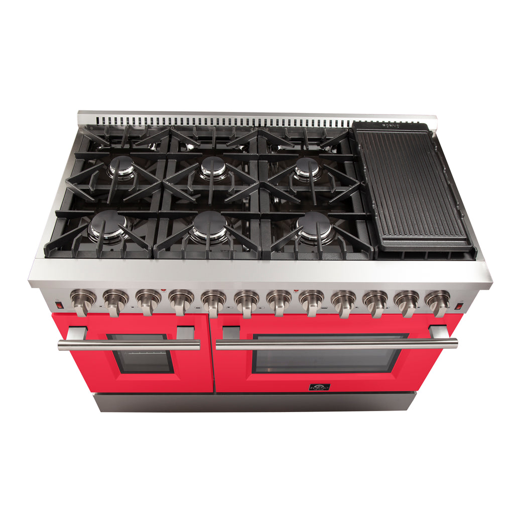 Forno Galiano 48-Inch Freestanding Dual Fuel Range, 8 Burners, Double Convection Ovens, Red Doors