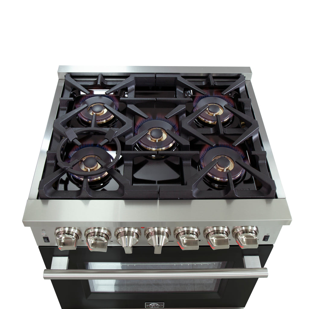 FORNO Capriasca 30-inch Dual Fuel Range Black, 5 Burners, 4.32 cu.ft. True Convection Oven