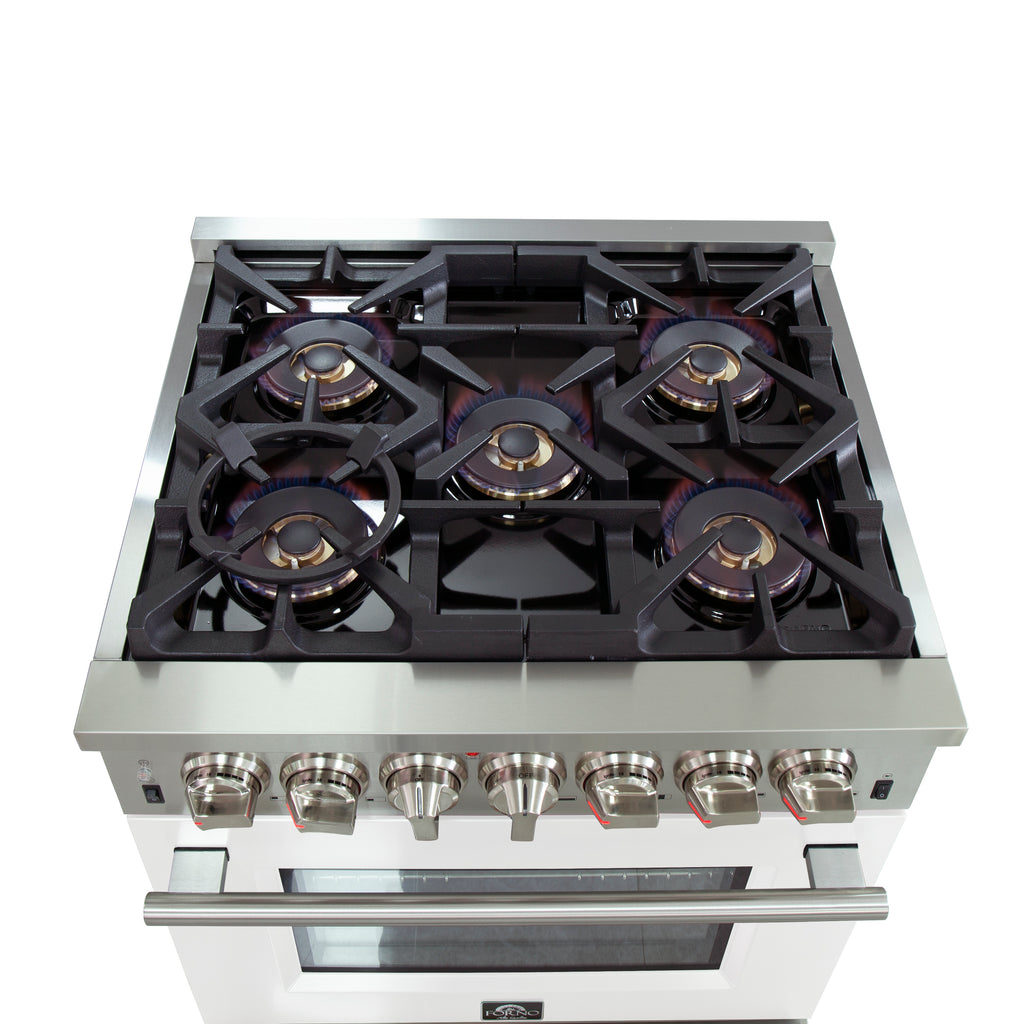 Forno Capriasca 30-Inch Freestanding Dual Fuel Range, 4 Burners, True Convection Oven, White Door