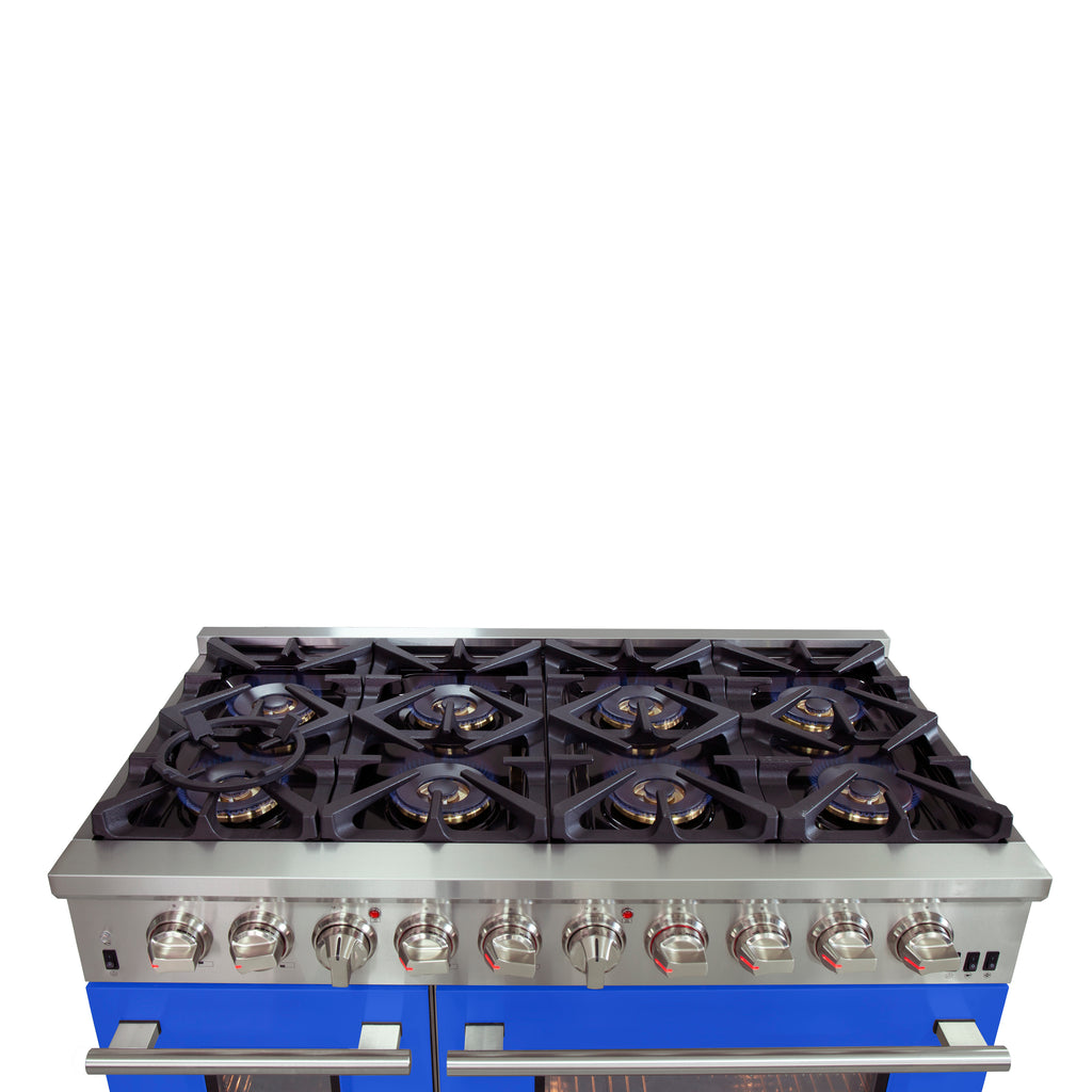 Forno Capriasca 48-Inch Freestanding Dual Fuel Range, 8 Burners, True Convection Oven, Blue Doors