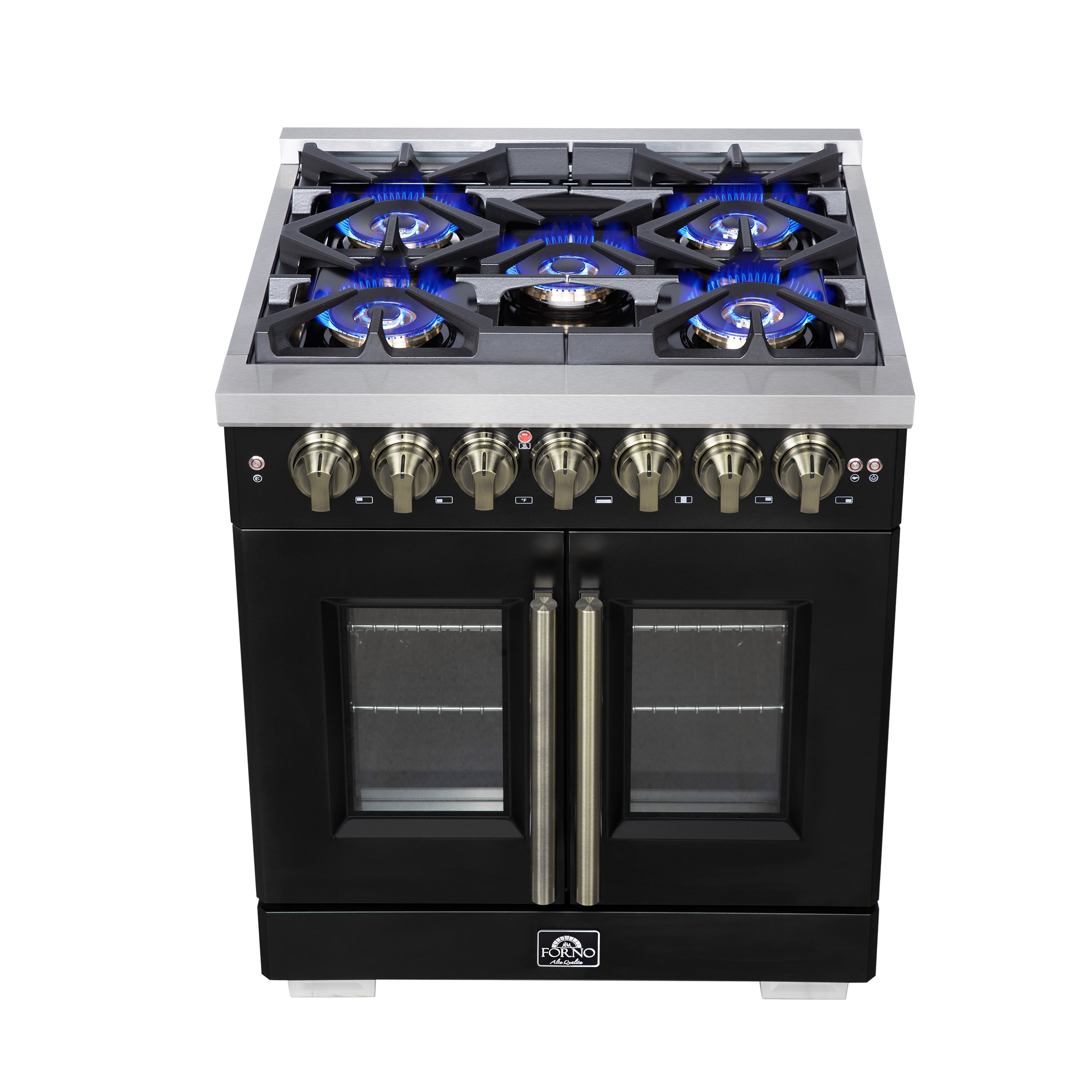 Forno Capriasca 30-Inch Freestanding French Door Dual Fuel Range in Black with Antique Brass Accessories, 5 Burners, True Convection Oven