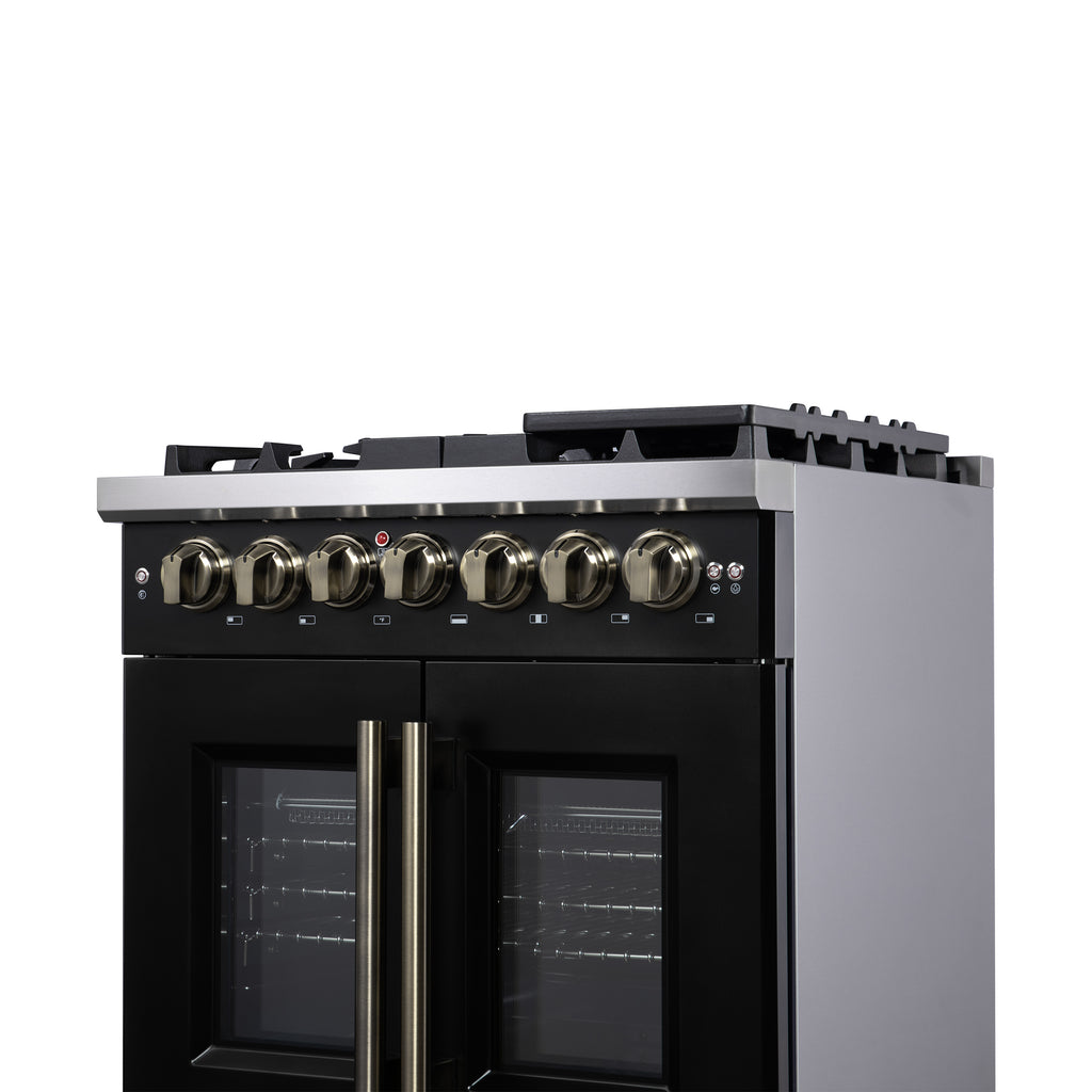 Forno Capriasca 30-Inch Freestanding French Door Dual Fuel Range in Black with Antique Brass Accessories, 5 Burners, True Convection Oven