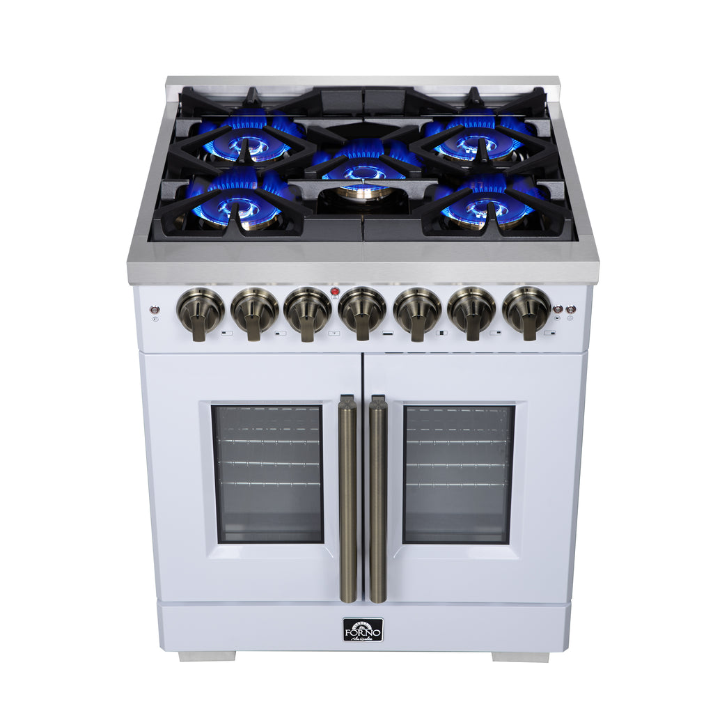 Forno Capriasca 30-Inch Freestanding French Door Dual Fuel Range in White with Antique Brass Accessories, 5 Burners, True Convection Oven