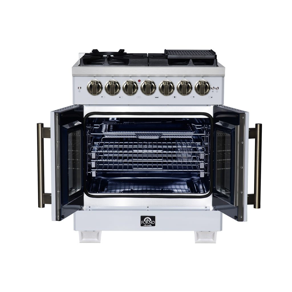 Forno Capriasca 30-Inch Freestanding French Door Dual Fuel Range in White with Antique Brass Accessories, 5 Burners, True Convection Oven