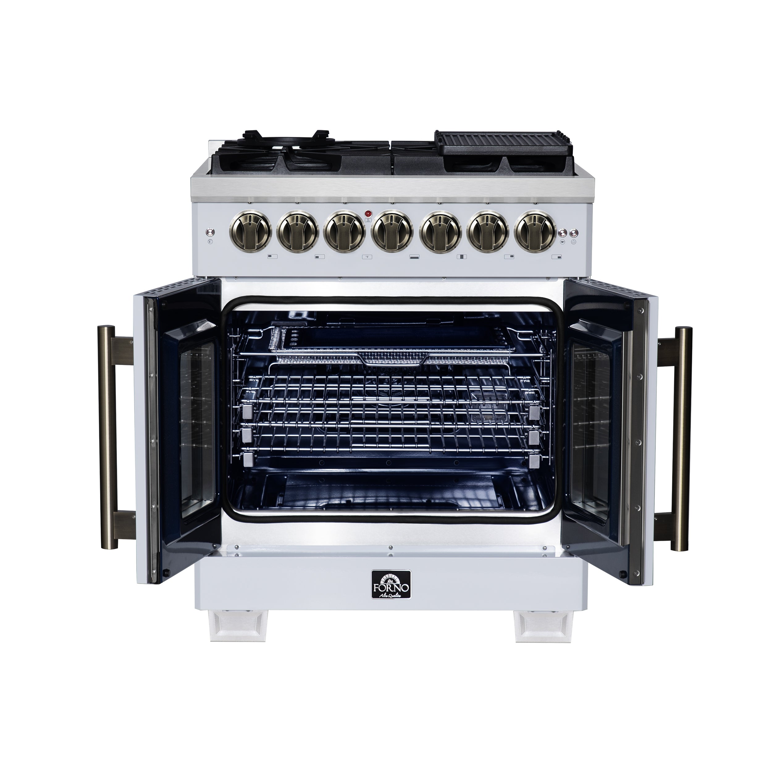 Forno Capriasca 30-Inch Freestanding French Door Dual Fuel Range in White with Antique Brass Accessories, 5 Burners, True Convection Oven