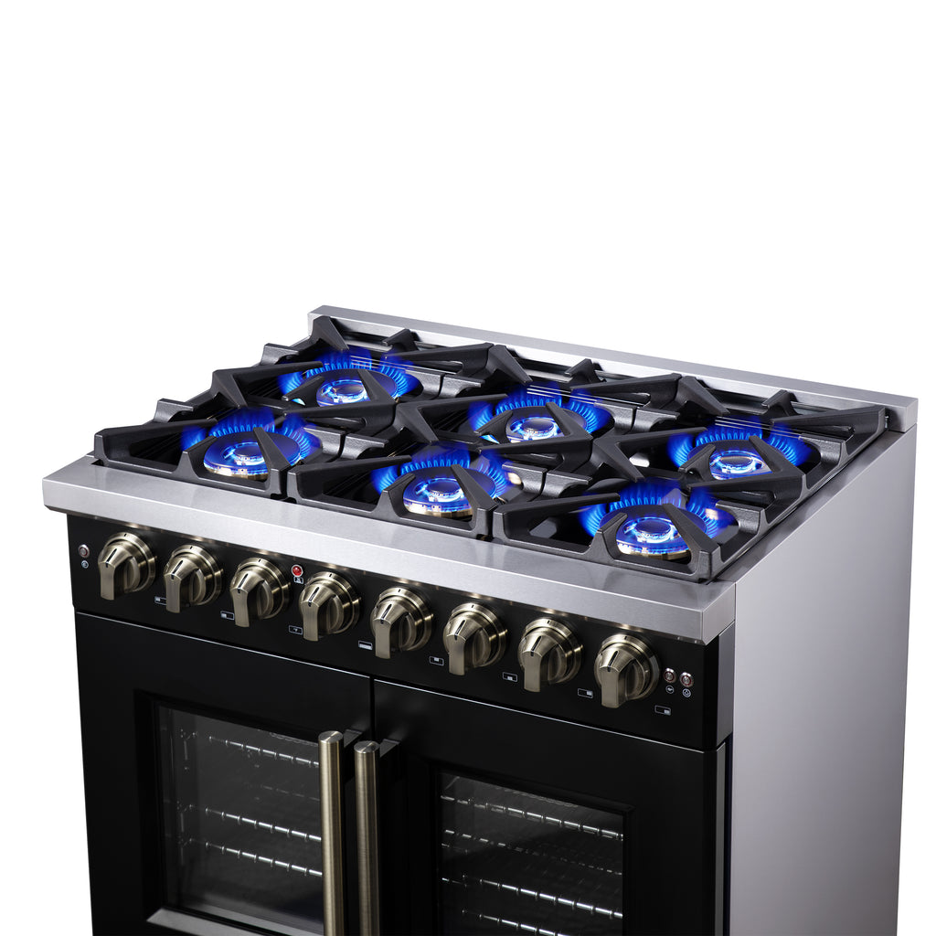 Forno Capriasca 36 Inch Freestanding French Door Dual Fuel Range in Black with Antique Brass Accessories, 6 Burners, True Convection Oven