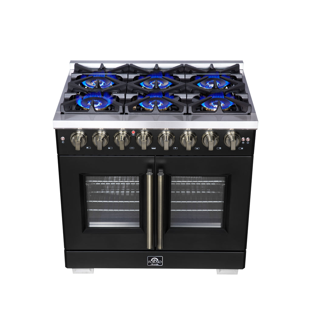 Forno Capriasca 36 Inch Freestanding French Door Dual Fuel Range in Black with Antique Brass Accessories, 6 Burners, True Convection Oven