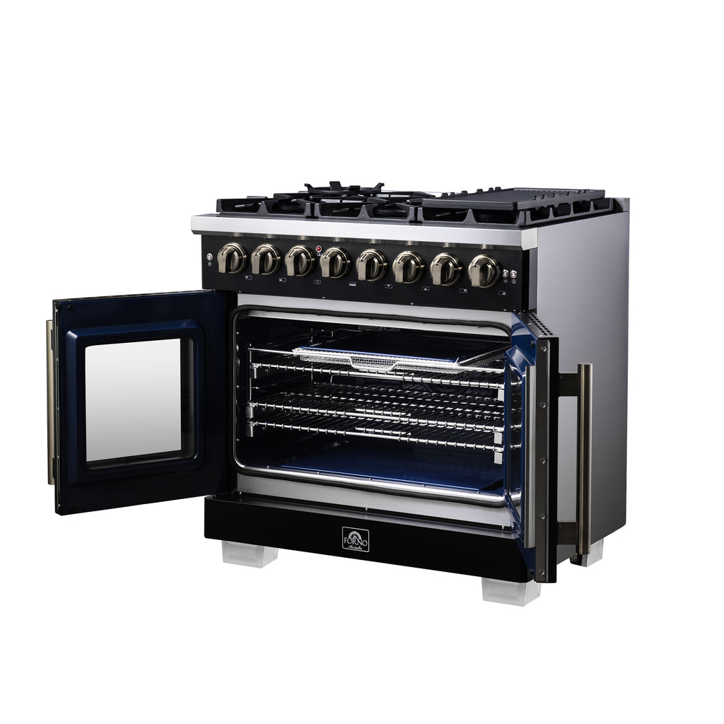 Forno Capriasca 36 Inch Freestanding French Door Dual Fuel Range in Black with Antique Brass Accessories, 6 Burners, True Convection Oven