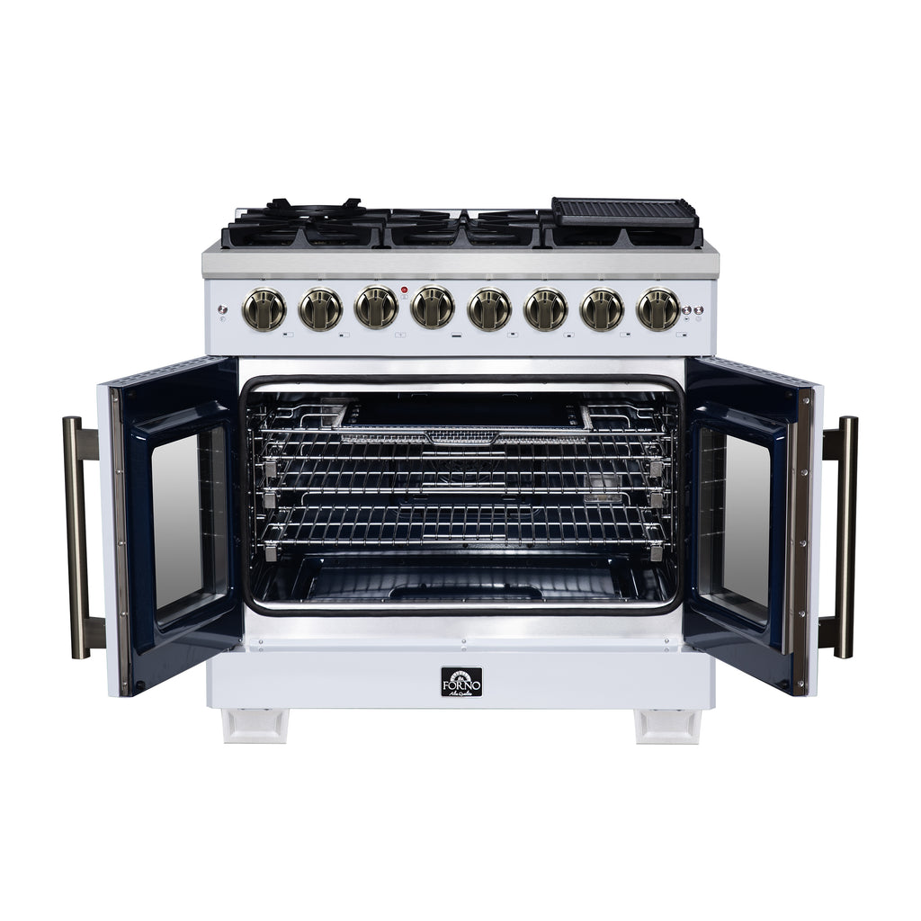 Forno Capriasca 36 Inch Freestanding French Door Dual Fuel Range in White with Antique Brass Accessories, 6 Burners, True Convection Oven