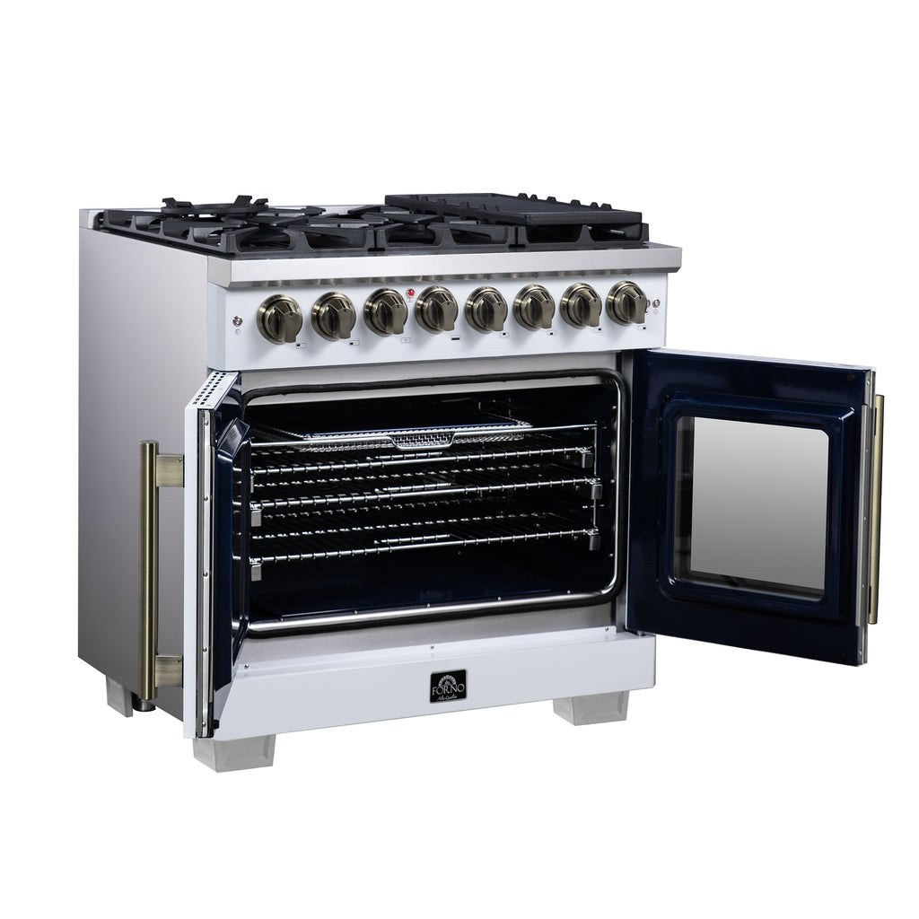 Forno Capriasca 36 Inch Freestanding French Door Dual Fuel Range in White with Antique Brass Accessories, 6 Burners, True Convection Oven