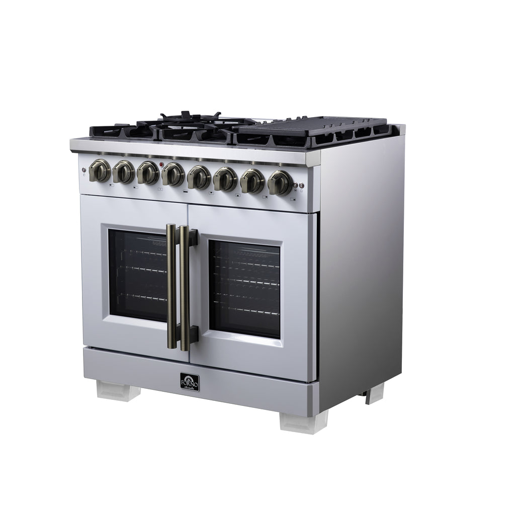 Forno Capriasca 36 Inch Freestanding French Door Dual Fuel Range in White with Antique Brass Accessories, 6 Burners, True Convection Oven
