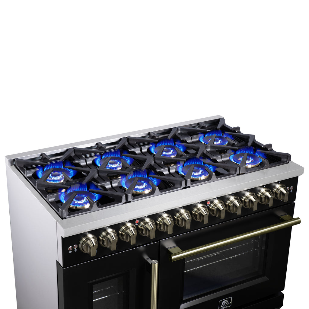 Forno Capriasca 48 Inch Freestanding French Door Dual Fuel Range in Black with Antique Brass Accessories, 8 Burners, True Convection Oven