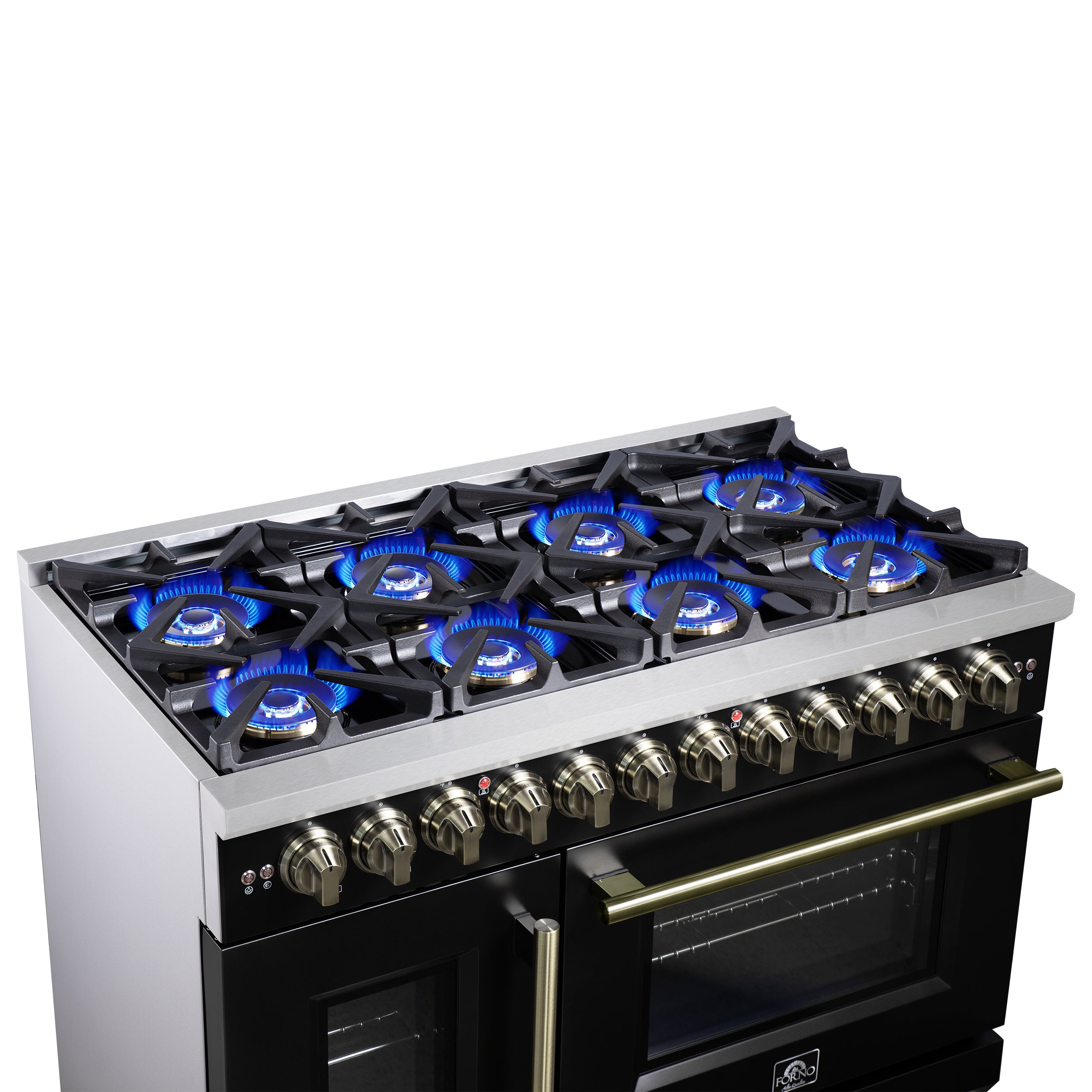 Forno Capriasca 48 Inch Freestanding French Door Dual Fuel Range in Black with Antique Brass Accessories, 8 Burners, True Convection Oven