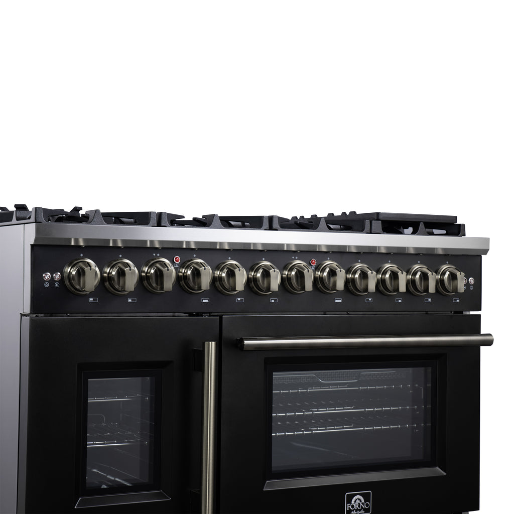 Forno Capriasca 48 Inch Freestanding French Door Dual Fuel Range in Black with Antique Brass Accessories, 8 Burners, True Convection Oven