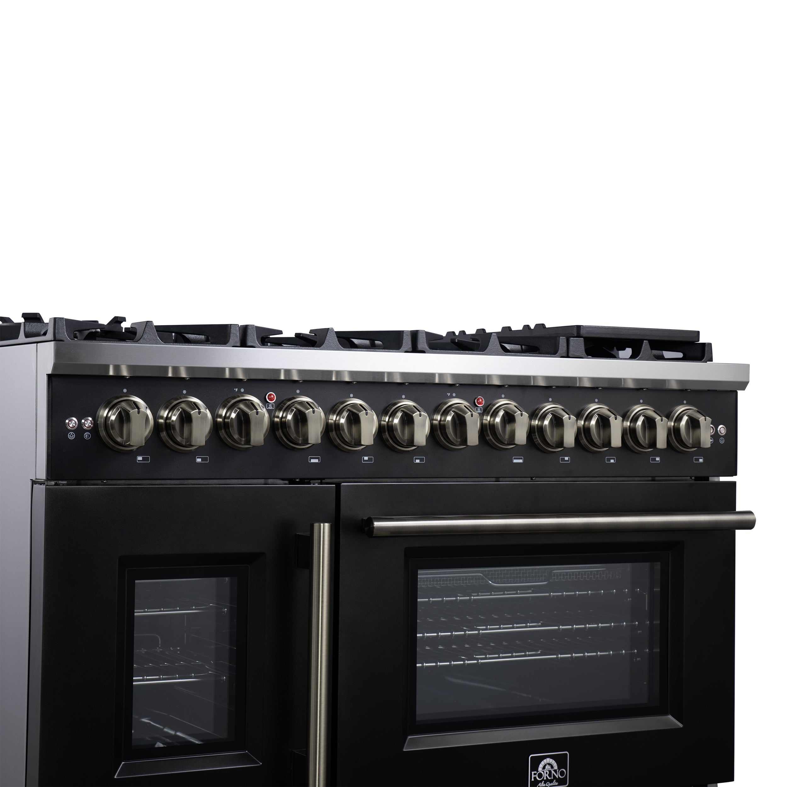 Forno Capriasca 48 Inch Freestanding French Door Dual Fuel Range in Black with Antique Brass Accessories, 8 Burners, True Convection Oven