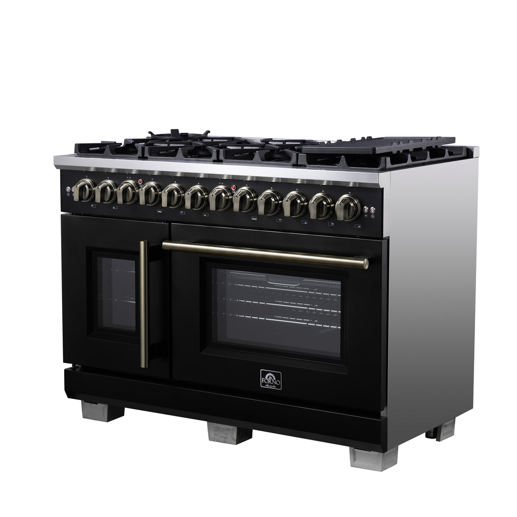 Forno Capriasca 48 Inch Freestanding French Door Dual Fuel Range in Black with Antique Brass Accessories, 8 Burners, True Convection Oven