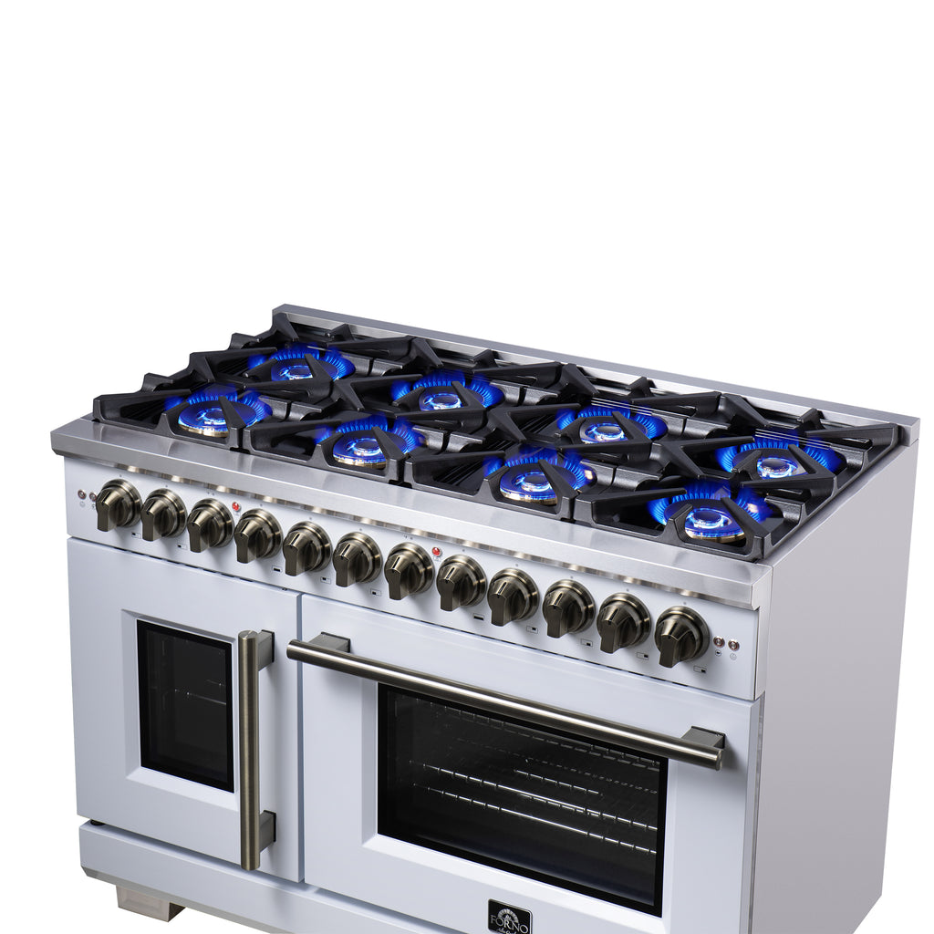 Forno Capriasca 48 Inch Freestanding French Door Dual Fuel Range in White with Antique Brass Accessories, 8 Burners, True Convection Oven