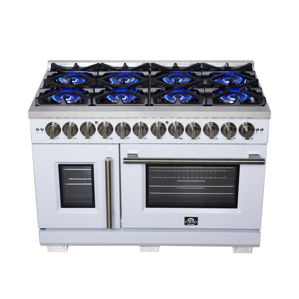 Forno Capriasca 48 Inch Freestanding French Door Dual Fuel Range in White with Antique Brass Accessories, 8 Burners, True Convection Oven