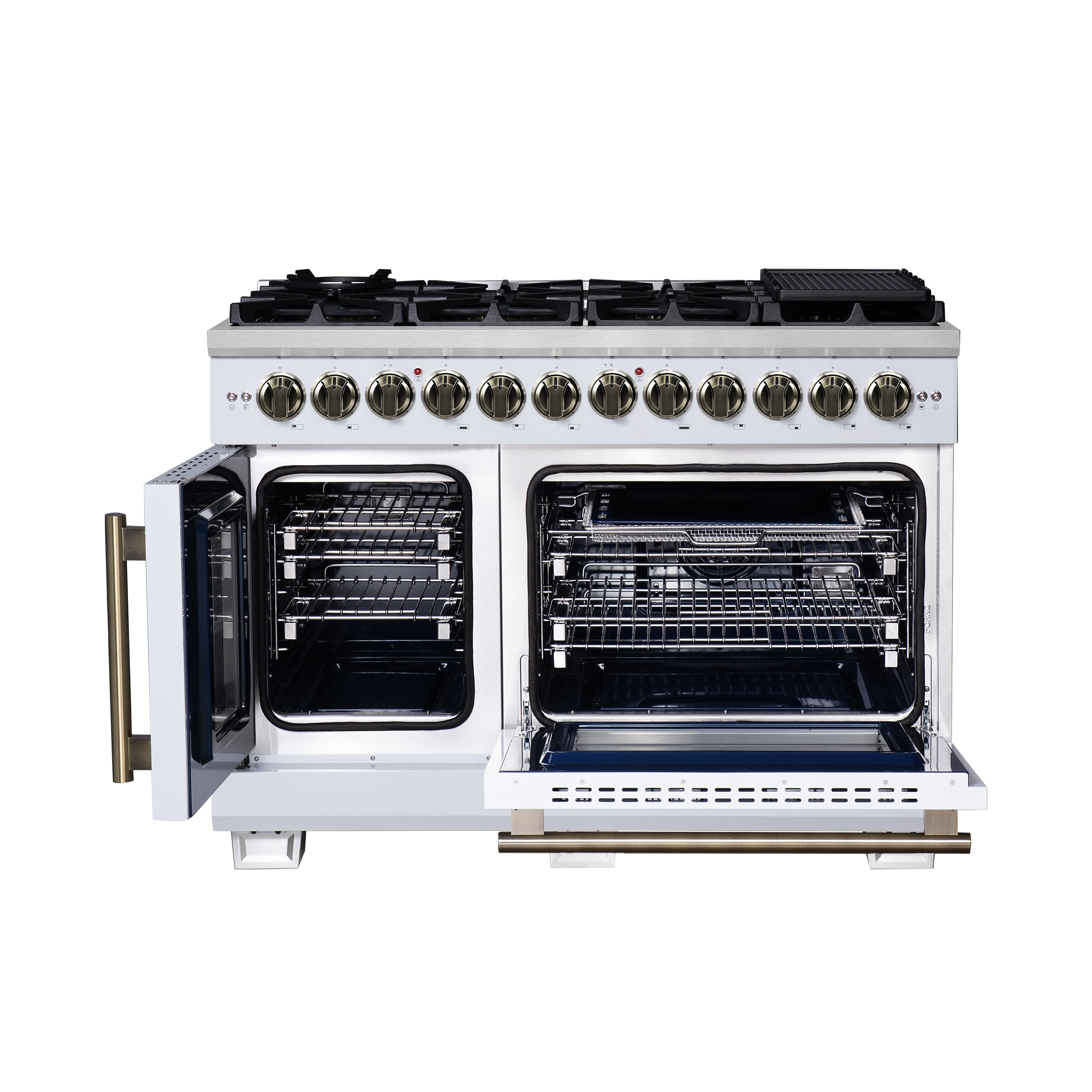Forno Capriasca 48 Inch Freestanding French Door Dual Fuel Range in White with Antique Brass Accessories, 8 Burners, True Convection Oven