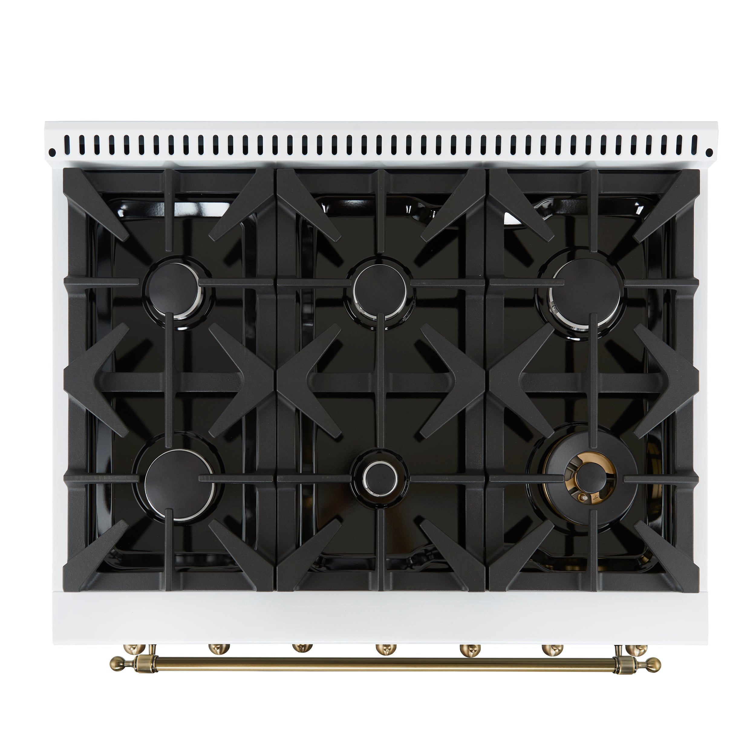 Forno Antico 36-inch Dual Fuel Range White and Antique Brass Design with 6 Sealed Gas Burners and Electric Convection Oven