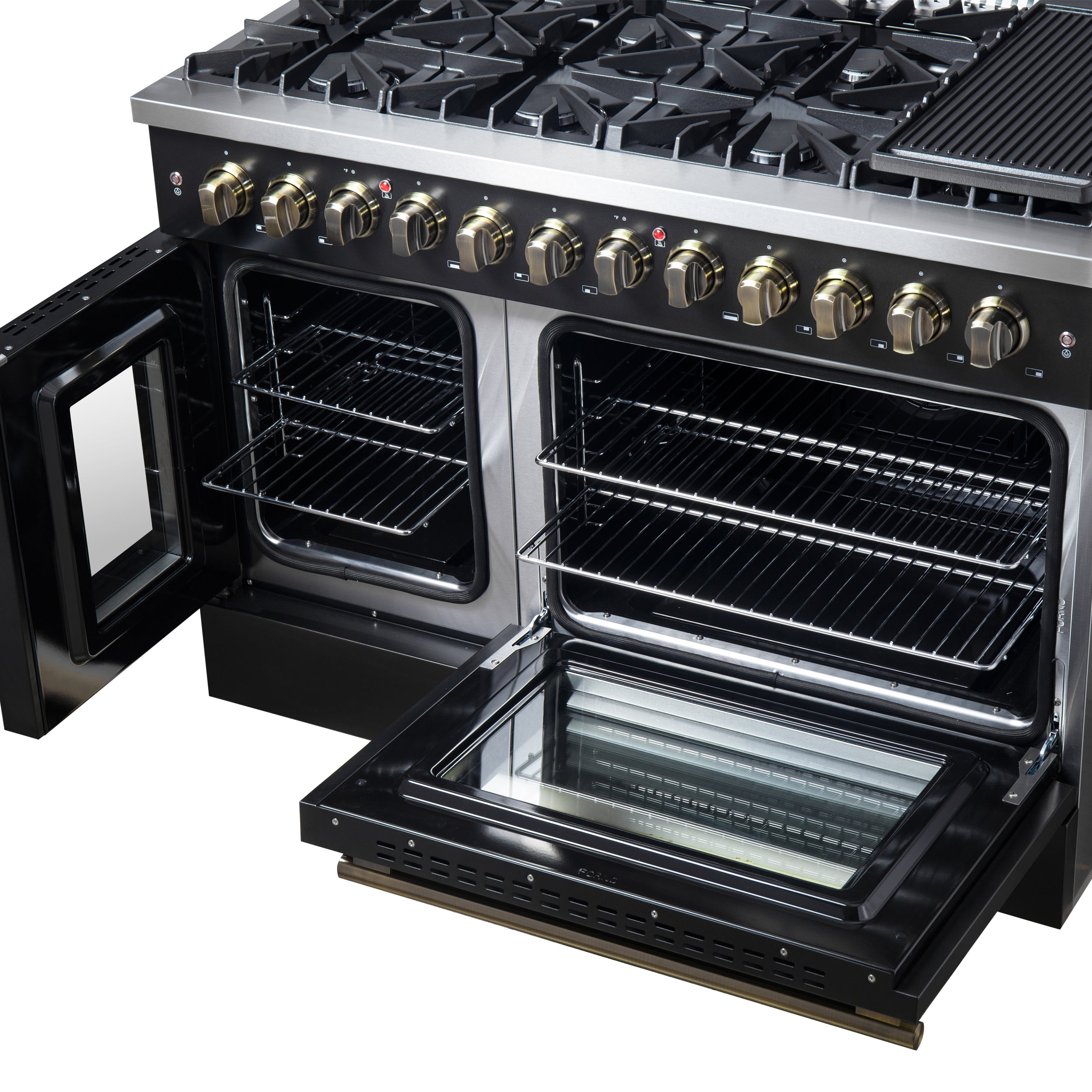 Forno Galiano 48-inch French Door Dual Fuel Range, Black & Antique Brass Design, 8 Sealed Burners - 107,000 BTU, Griddle, 6.58 cu.ft. Double Ovens