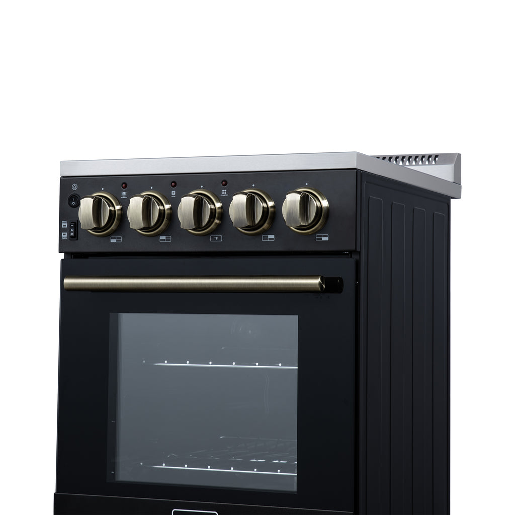 Forno Pallerano 20 Inch Freestanding Electric Range in Black with Antique Brass, Compact Design
