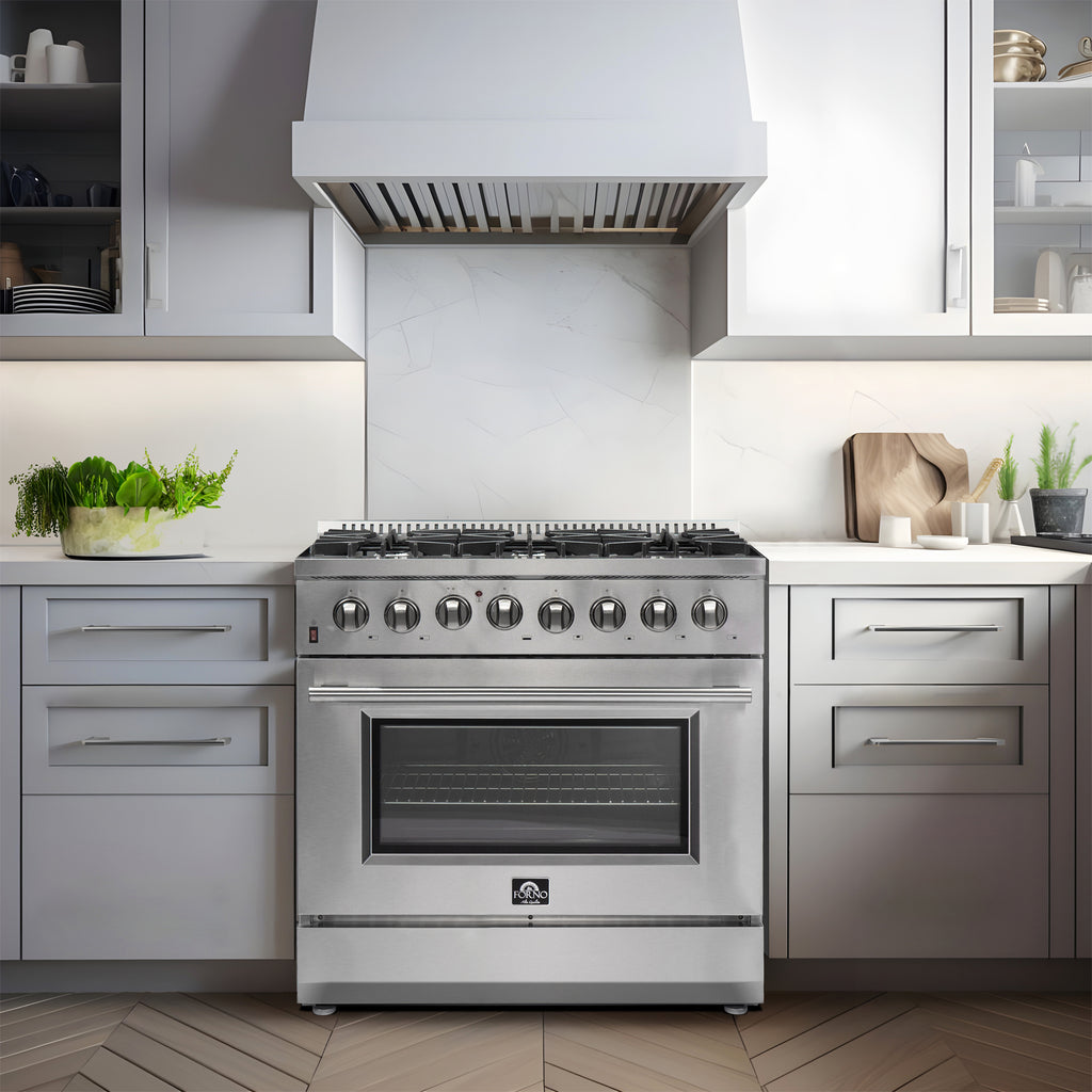FORNO Premium 3-Piece Kitchen Bundle - Galiano 36" Dual Fuel Range, 36" French Door Refrigerator, 24" Built-In Dishwasher - FBDL-004-02CAUS