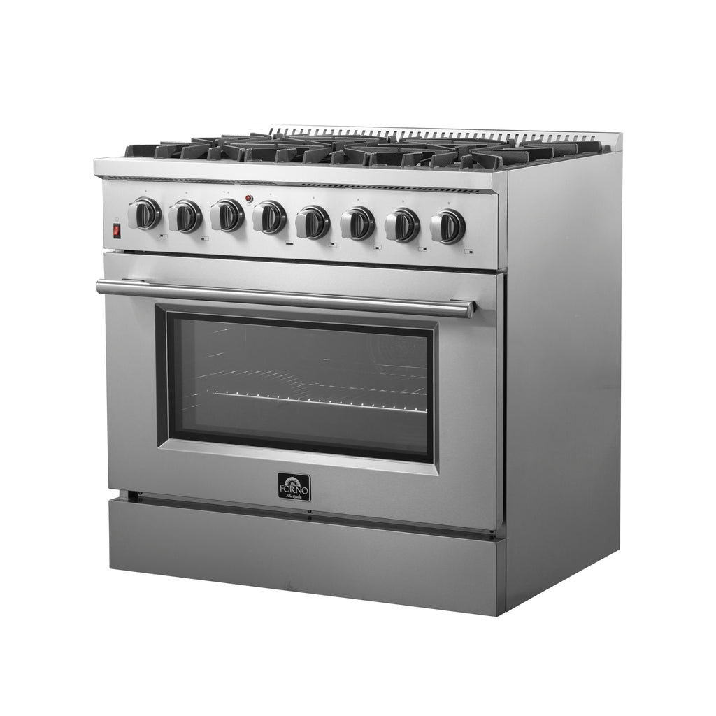 FORNO Premium 3-Piece Kitchen Bundle - Galiano 36" Dual Fuel Range, 36" French Door Refrigerator, 24" Built-In Dishwasher - FBDL-004-02CAUS