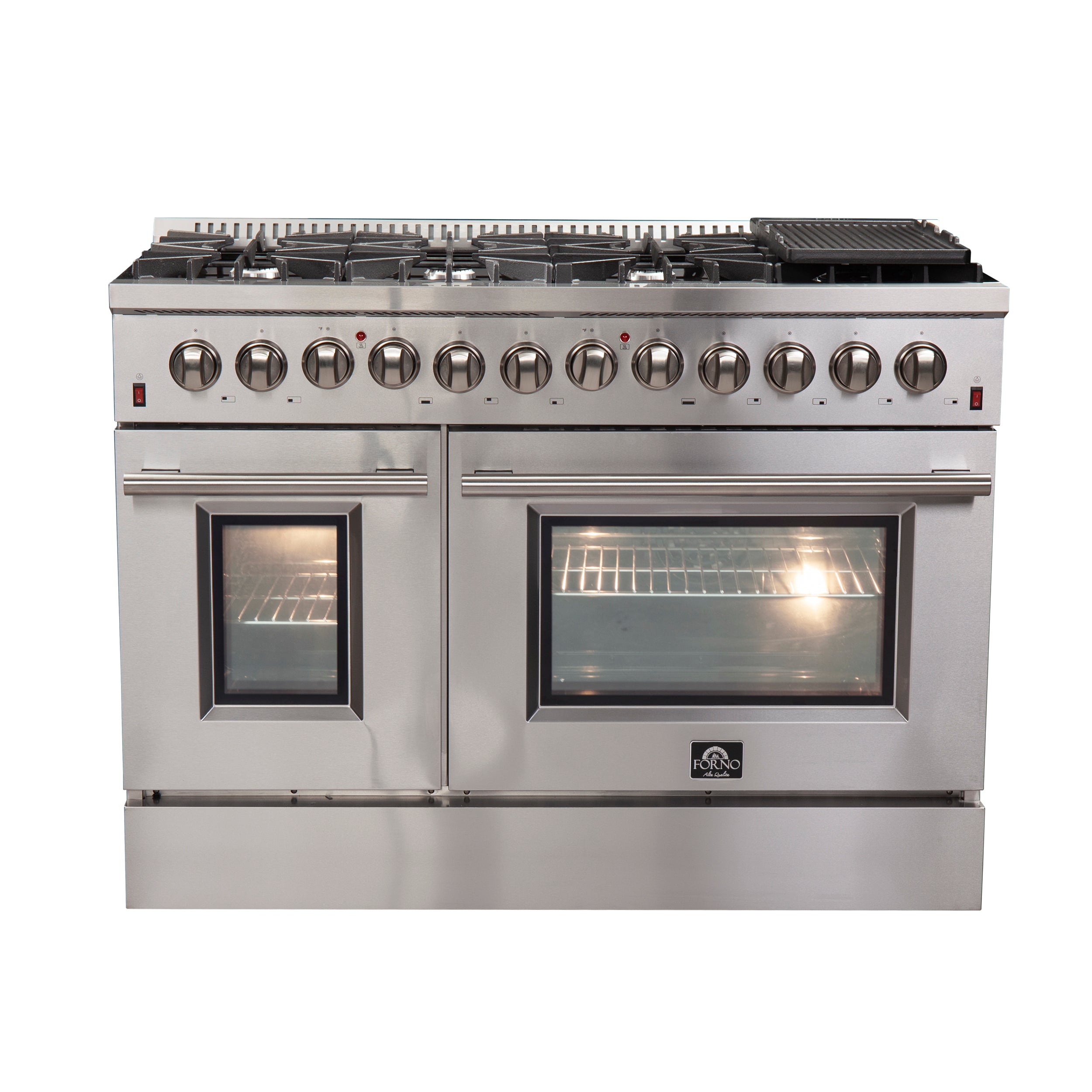 FORNO Premium 3-Piece Kitchen Bundle - FORNO Galiano 48" Freestanding Dual Fuel Range, FORNO Rizzuto 60" W. Dual Combo Convertible Refrigerator, FORNO 48" Wall Mount Range Hood - FBDL-017-02US